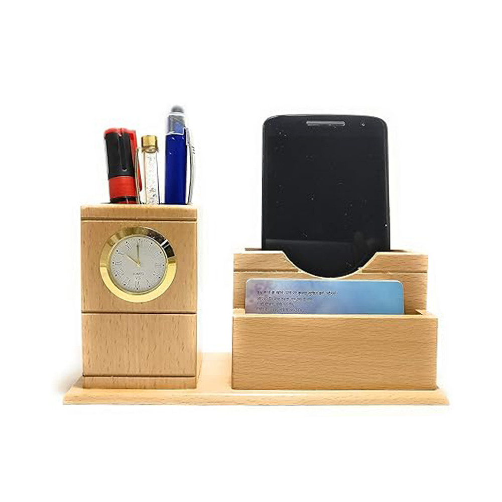 Wooden Pen & Moblie Stand with Clock, Wooden Card Holder Wooden Pencil Stand Wood Inserted Watch For Office Desk,Study Table