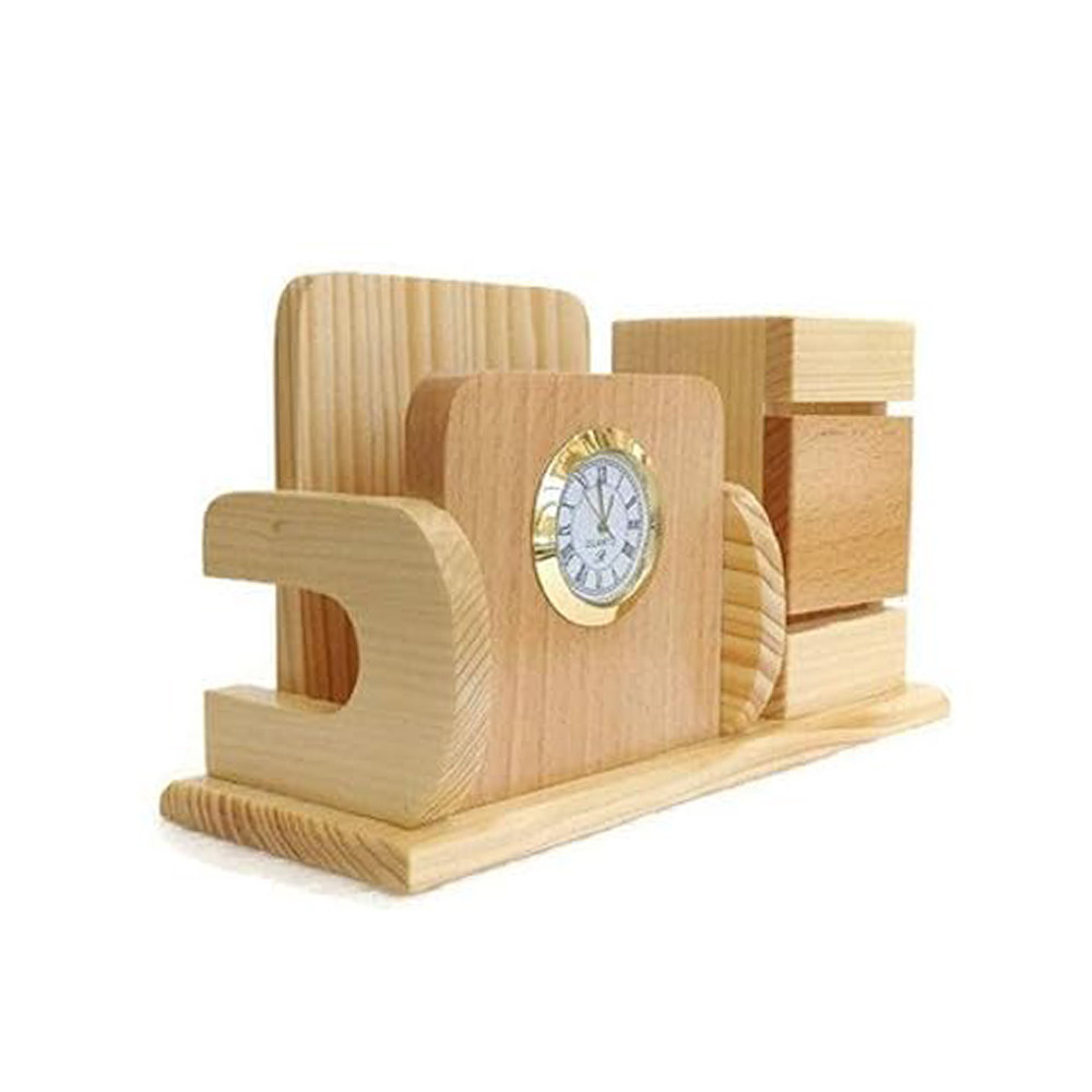 Wooden Pen Stand with Clock | Wooden Calendar Card Holder | Wooden pen & Pencil Stand