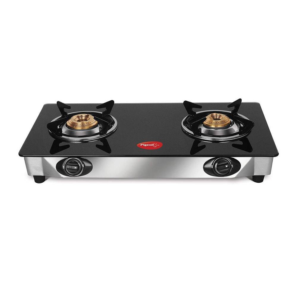 Pigeon Ayush 2 Burner Toughened Glass Top Gas Stove | Manual | Black