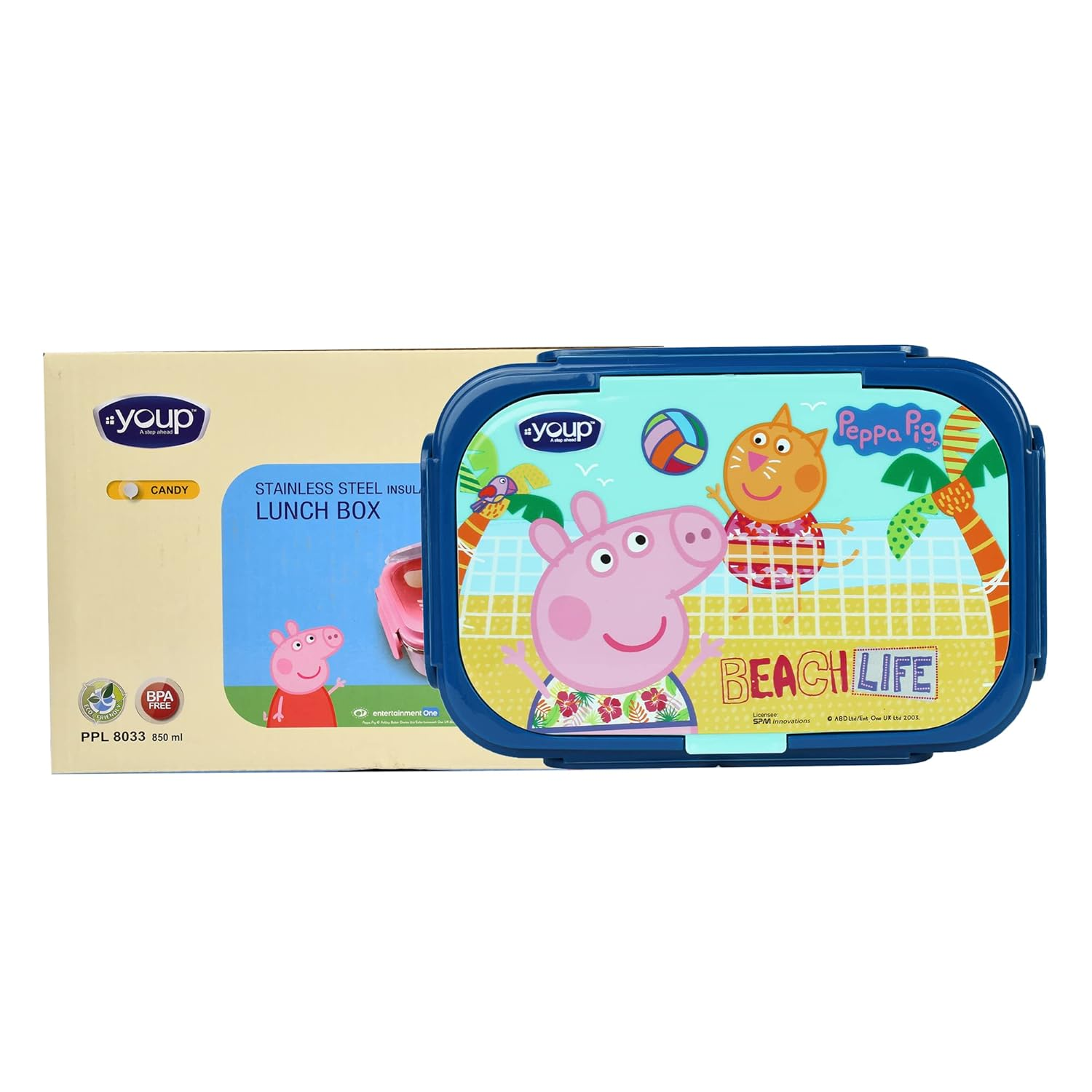 YOUP Stainless Steel Insulated Blue Color Kids Peppa Pig Lunch Box with Fork & Spoon CANDY-850 ml (Blue)