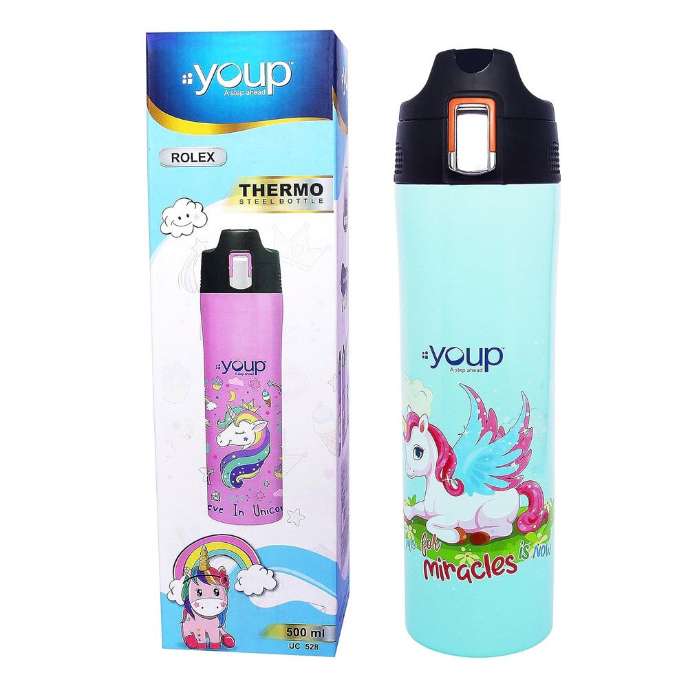 Youp Stainless Steel Sea Green Color Kids Insulated Unicorn Sipper Bottle ROLEX-500 ml