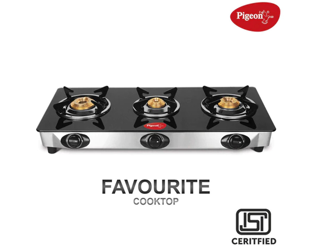 Pigeon by Stovekraft Favourite 3 Burner Line Cook Top Stove, Manual Ignition, Black