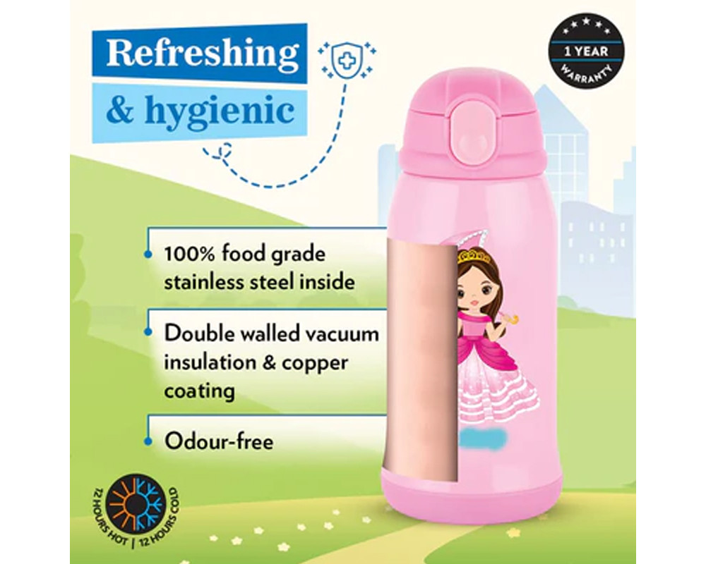 Borosil Hydra Princess 500 ML Vacuum Insulated Water Bottle for Kids - Pink | 1 Pc