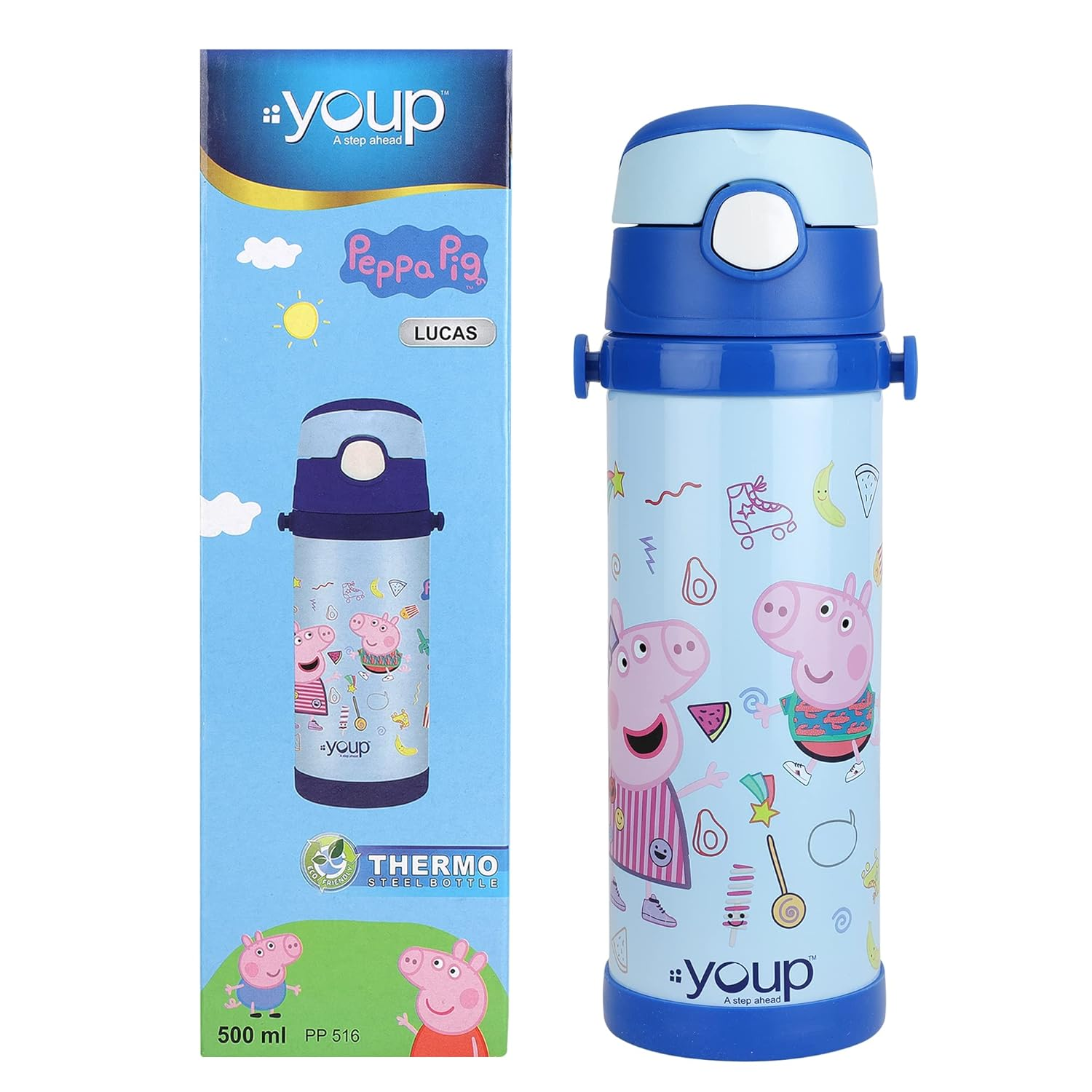 Youp Stainless Steel Green Color Peppa Pig Kids Insulated Double Wall Sipper Bottle Lucas - 500 ml (Green)