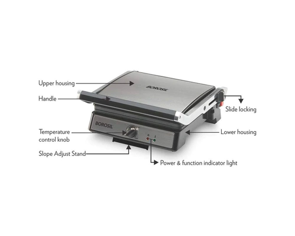 Borosil Super Jumbo 180° 2000 Watts Grill Sandwich maker | (Silver/Black)- BGRILLSS12