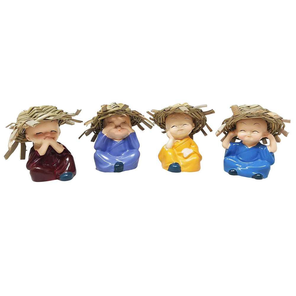 Cute Kung Fu Laughing Buddha with Straw Hat - Stone Monk Statue -, Small, Multicolour Set of 4