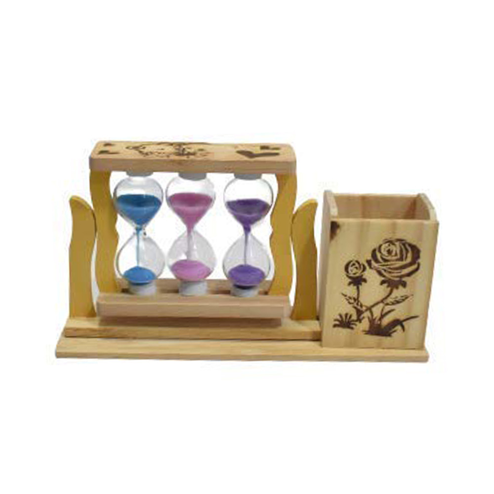 Handicrafts Wooden Pen Stand with 3 Hourglass Timer | Pen |Pencil Holder | Multicolour Sand