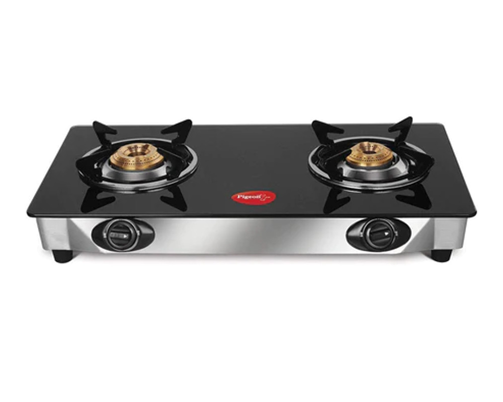 Pigeon By Stovekraft Favourite 2-Burner Glass Top Gas Stove, Manual Ignition Black