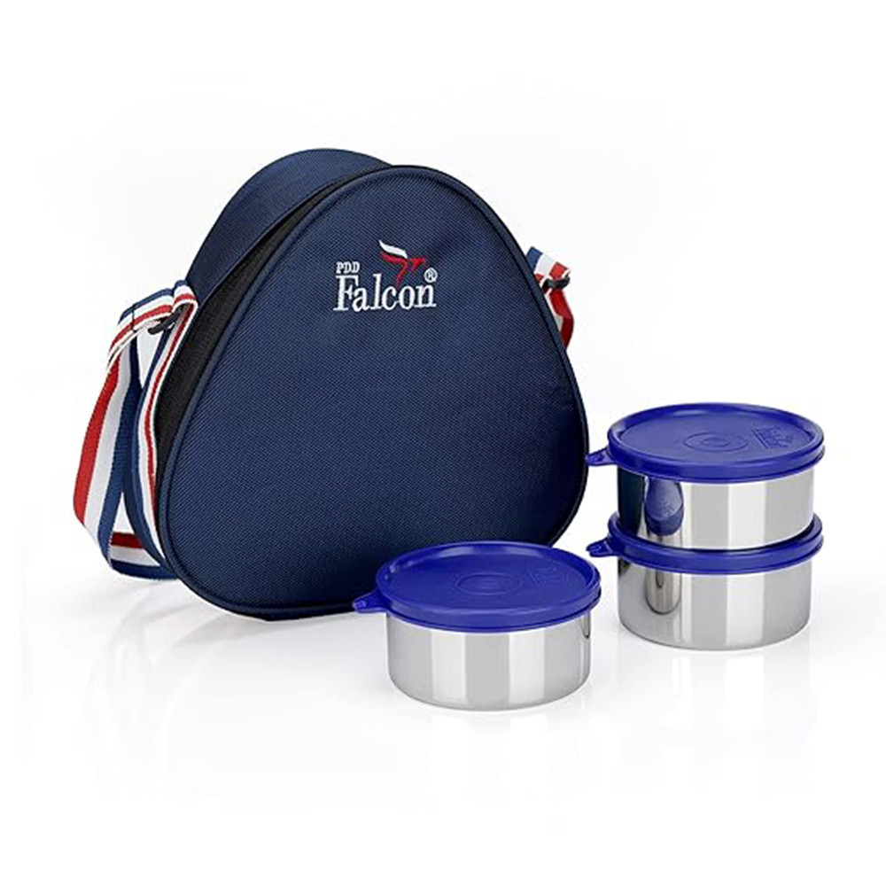 Pdd Falcon Stainless Steel Dura Lunch Box, 3 Containers with Insulated Bag & Spoon, 100% Leak Proof, Blue- 1050 ml (3 pc - 350 ml Each)