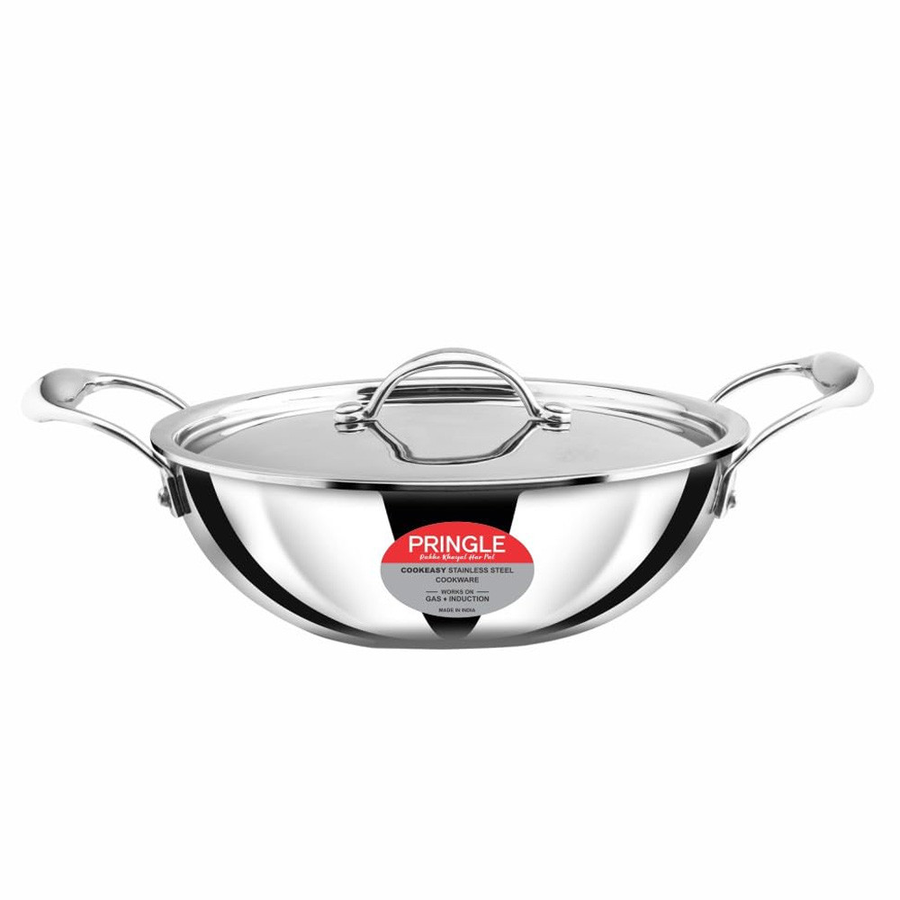 PRINGLE Triply Stainless Steel Extra Deep Kadai with Lid 24cm | 3 Liter Capacity | Riveted Cast Handle | I Gas and Induction -Heavy Base- 5 Year Warranty.