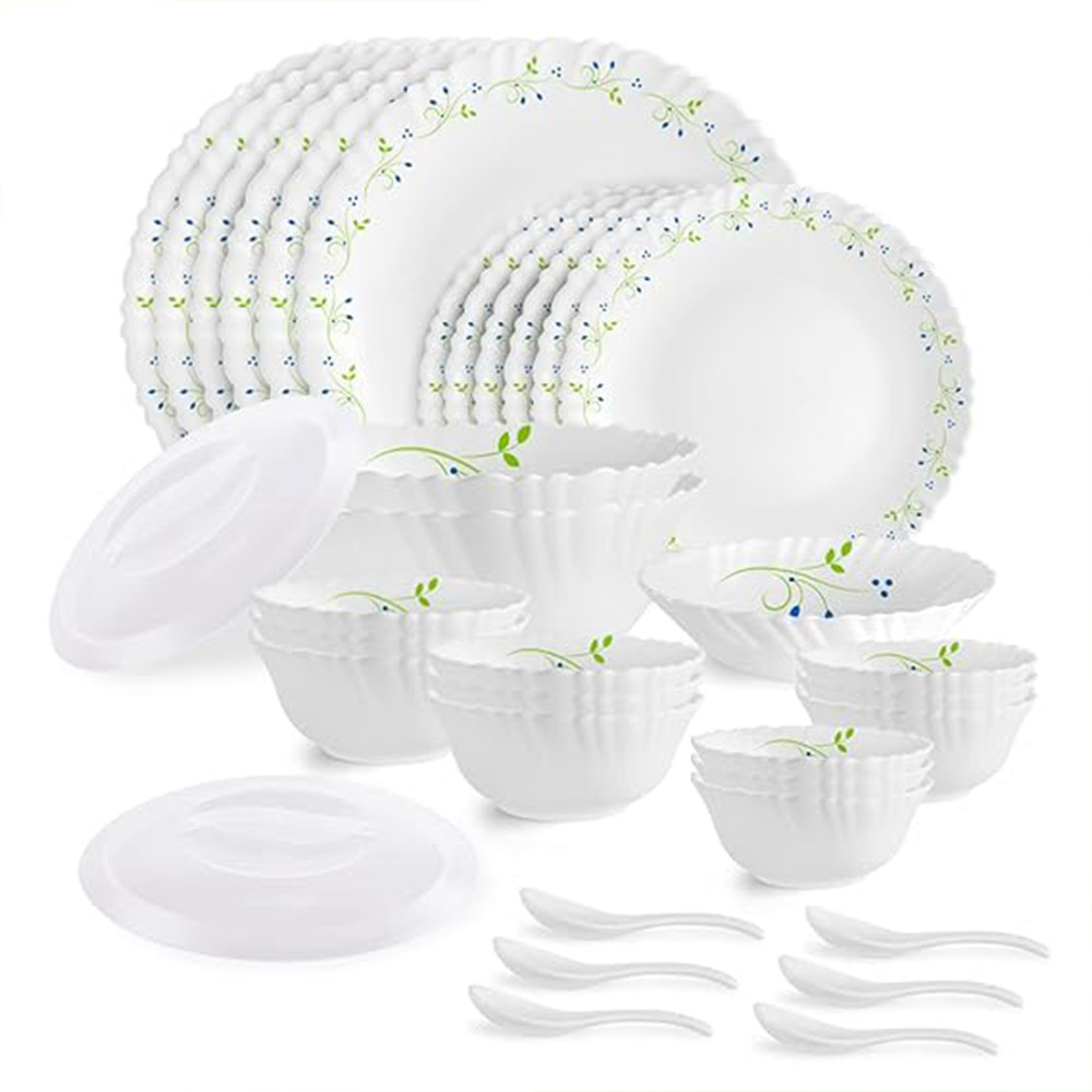 Cello Opalware Dazzle Series Secret Garden Dinner Set, 35 Units | Opal Glass Dinner Set for 6 | Light-Weight, Daily Use Crockery Set for Dining | White Plate and Multipurpose Bowl Set