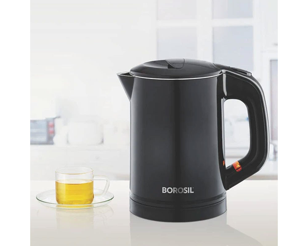 Borosil Eva 0.6 Ltr Cooltouch Stainless Steel Kettle |- Black`