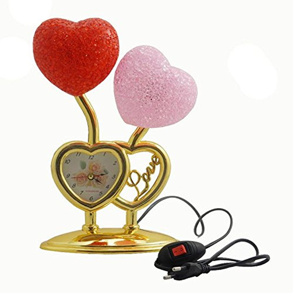 ViaZAID Lamp with Colourful Night Light, RED & Pink Heart with Clock All Occasion Valentine's Special Couple Double Heart Shape Table Clock |Home Office Bedside Attractive Gift