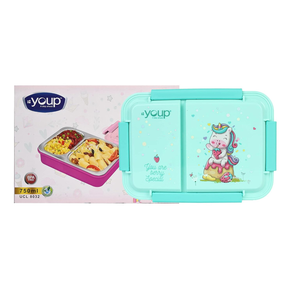 YOUP Stainless Steel Blue Color Unicorn Theme Kids Bento Lunch Box With 2 Compartments PICNIC-750 ml