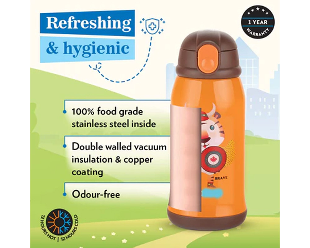 Borosil Hydra Tigry 500 ML Vacuum Insulated Water Bottle for Kids | Orange - 1 Pc