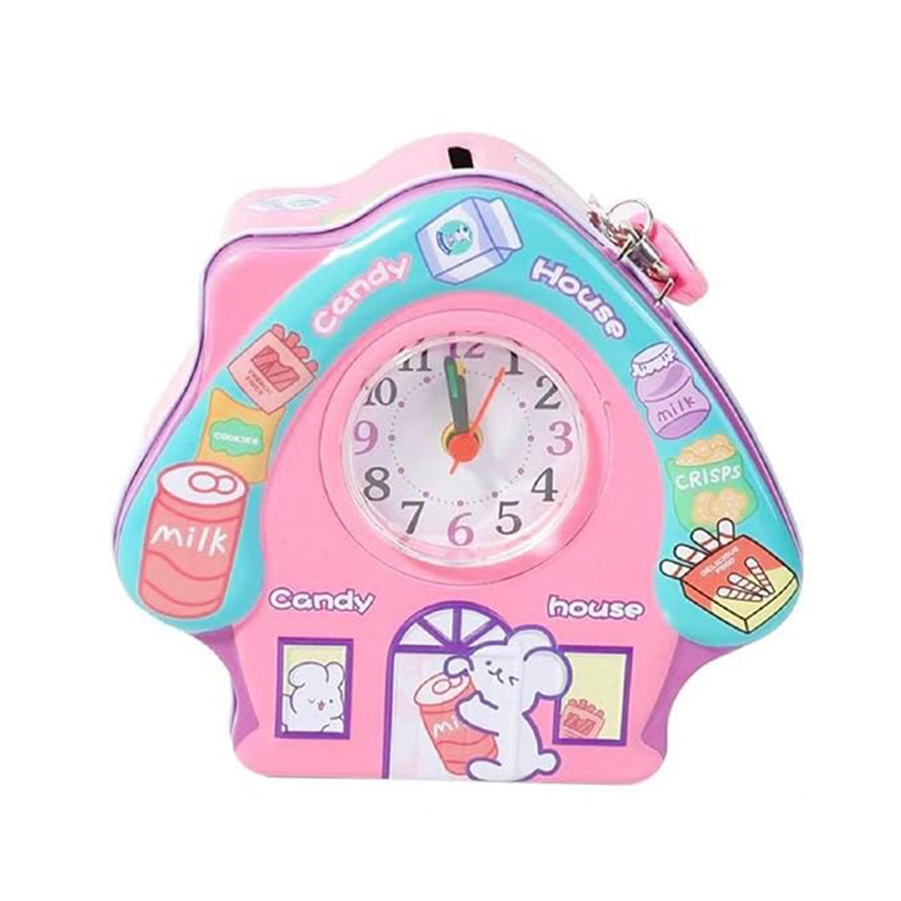 Attractive Metal House Piggy Bank With Battery Operated Clock, Security Lock & Keys For Kids