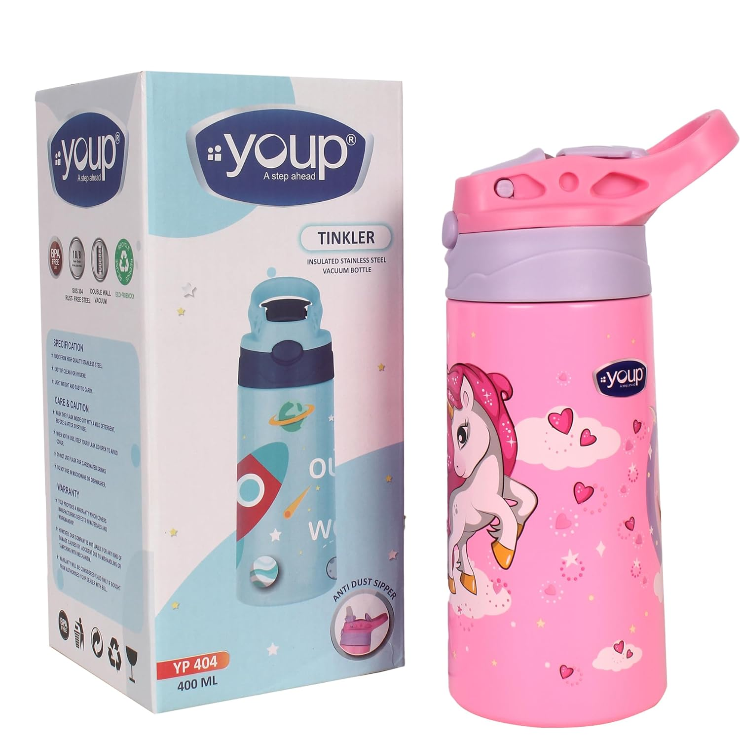 Youp Stainless Steel Insulated Blue Color Space Theme Kids Anti-dust Sipper Bottle Tinkler - 400 ml