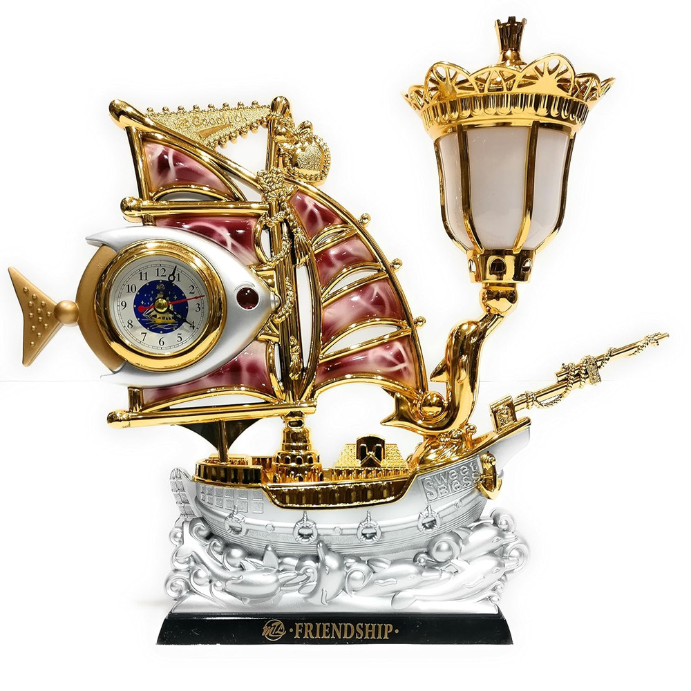 FunkyTradition Pink Golden Fish Vintage Pirates Ship Table Lamp with Alarm Clock for Christmas, Anniversary, Birthday Gift, Home and Office Decor