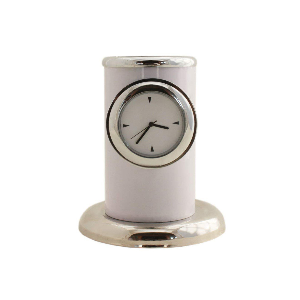 Table Clock with Pen Stand for Office Desk - White Paper Weight Home Decor