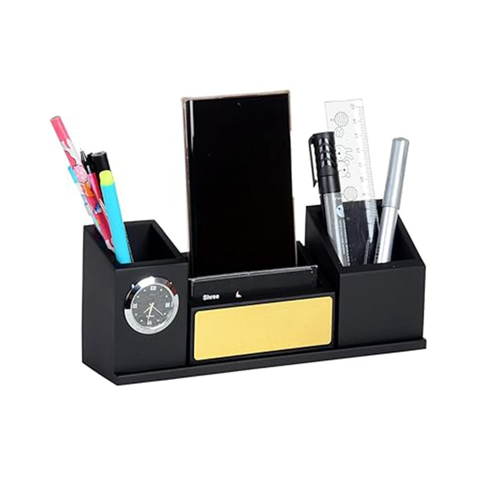 Wooden desk organizer with clock mobile stand pen holder Your Name Printed For use and Customize gift for students