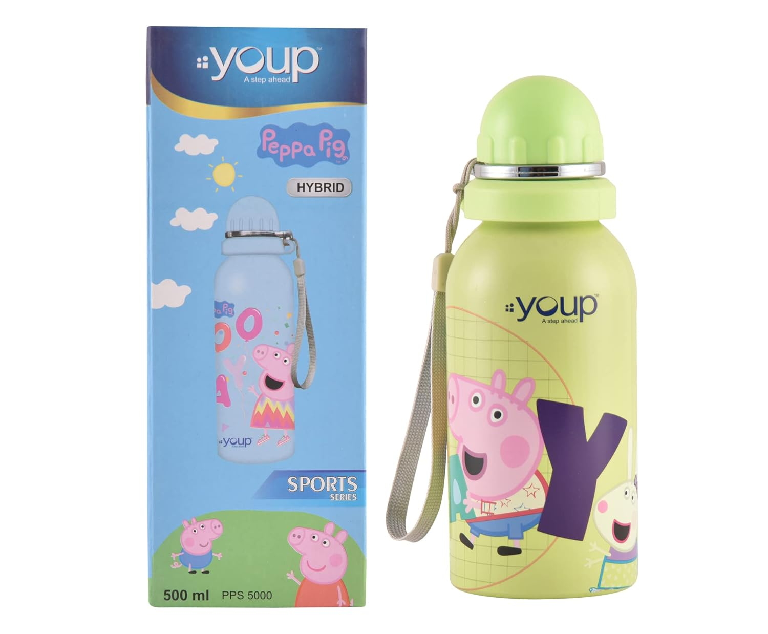 YOUP Stainless Steel Green Color Peppa Pig Kids Water Bottle Hybrid - 500 ml…… (Green)