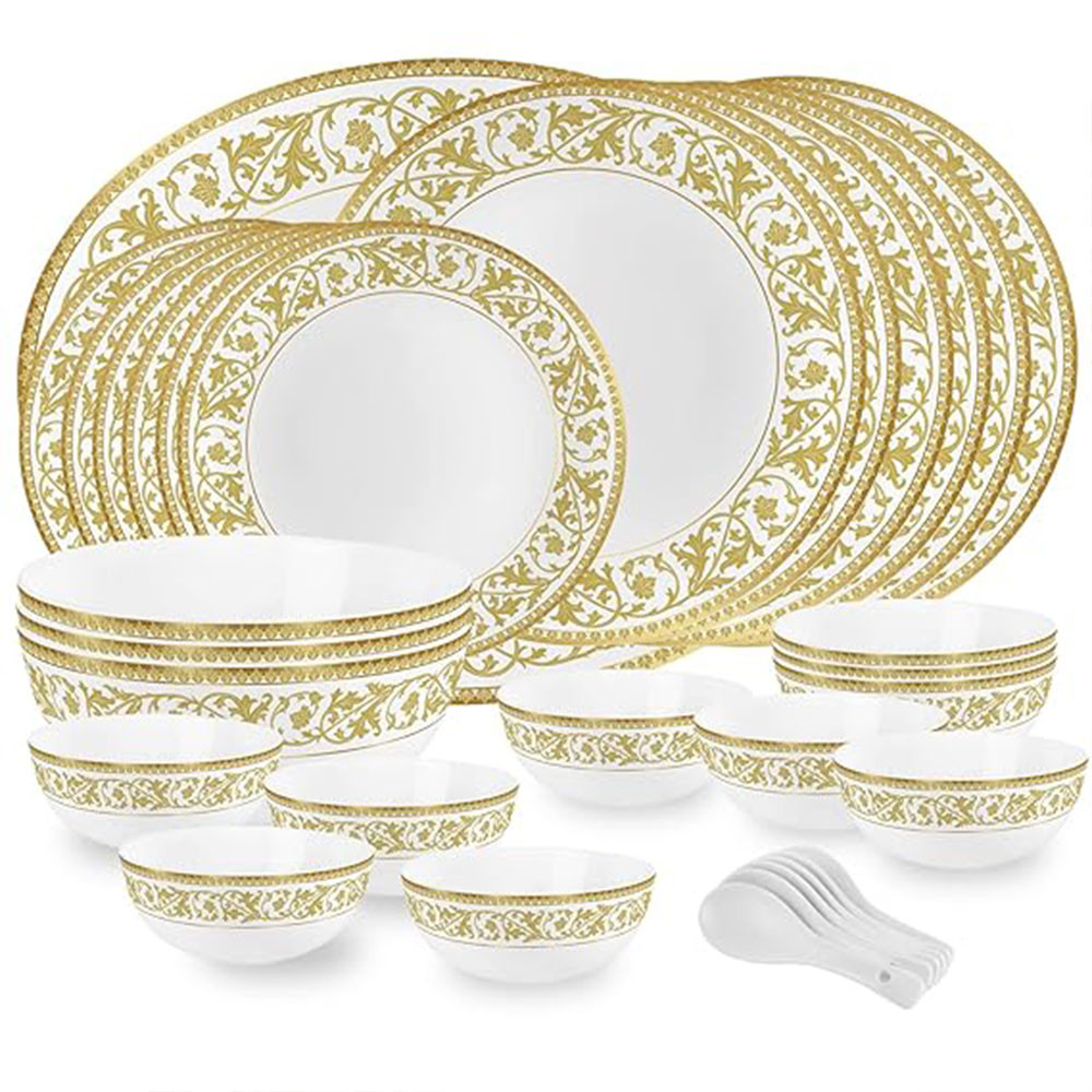 Cello Amitabh Bachchan Opalware Divine Series Oro Dinner Set, 33 Units | Opal Glass Dinner Set for 6 | Crockery Set for Festive Ocassions, Parties | White Plate and Bowl Set