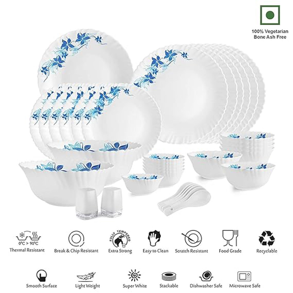 Cello Opalware Dazzle Series Blue Swirl Dinner Set, 35 Units | Opal Glass Dinner Set for 6 | Light-Weight, Daily Use Crockery Set for Dining | White Plate and Bowl Set