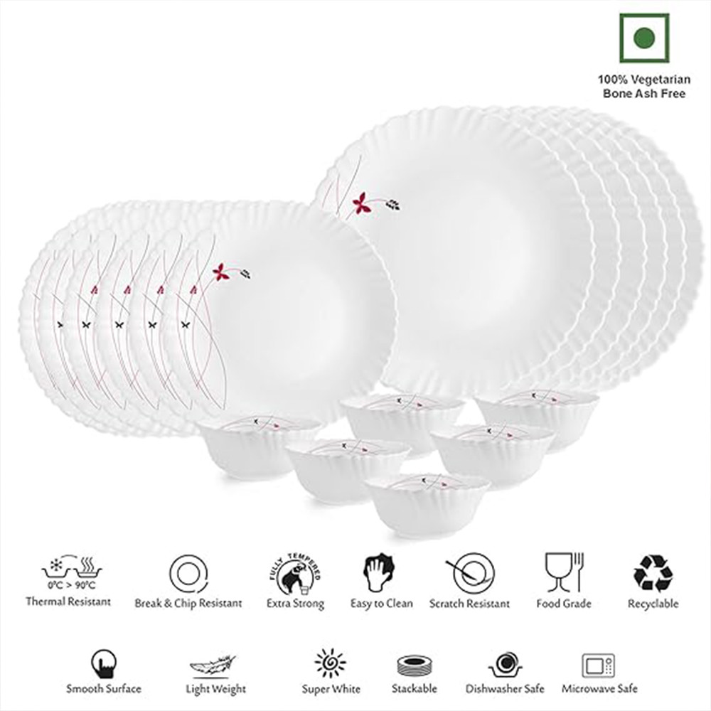 Cello Opalware Dazzle Series Lush Fiesta Dinner Set, 18 Units | Opal Glass Dinner Set for 6 | Light-Weight, Daily Use Crockery Set for Dining | White Plate and Bowl Set