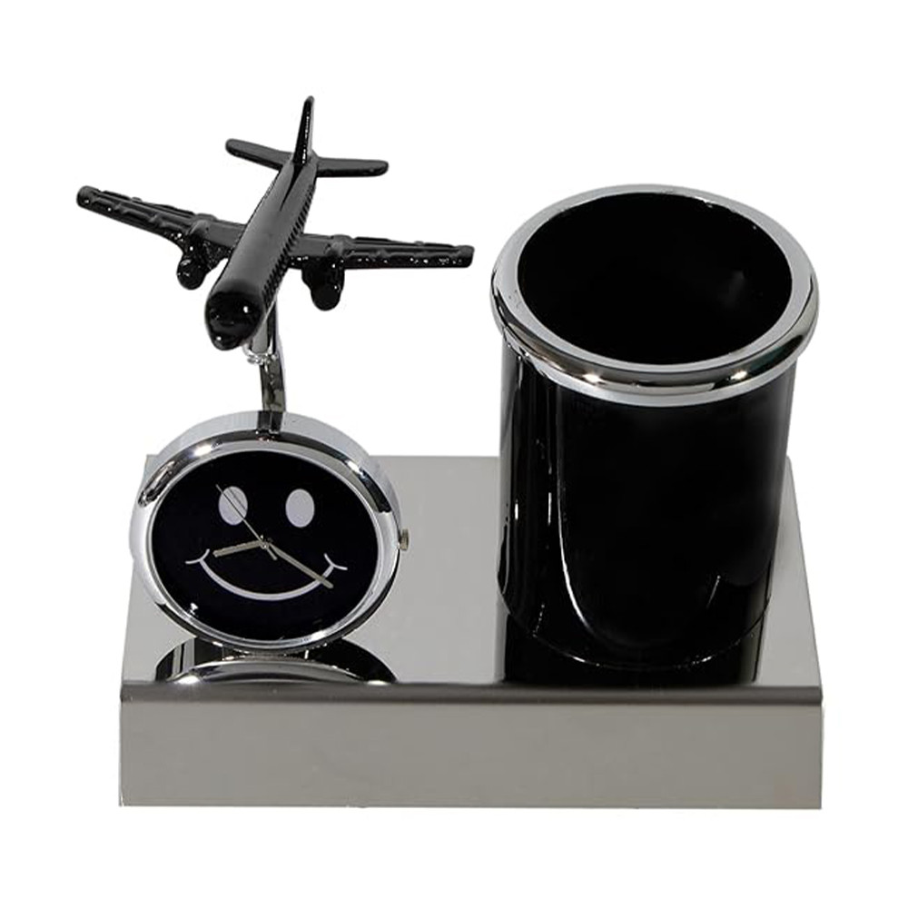 Aeroplane Miniature Metal Pen Stand With Clock, Stylish Desk Organizer, Pencil Holder