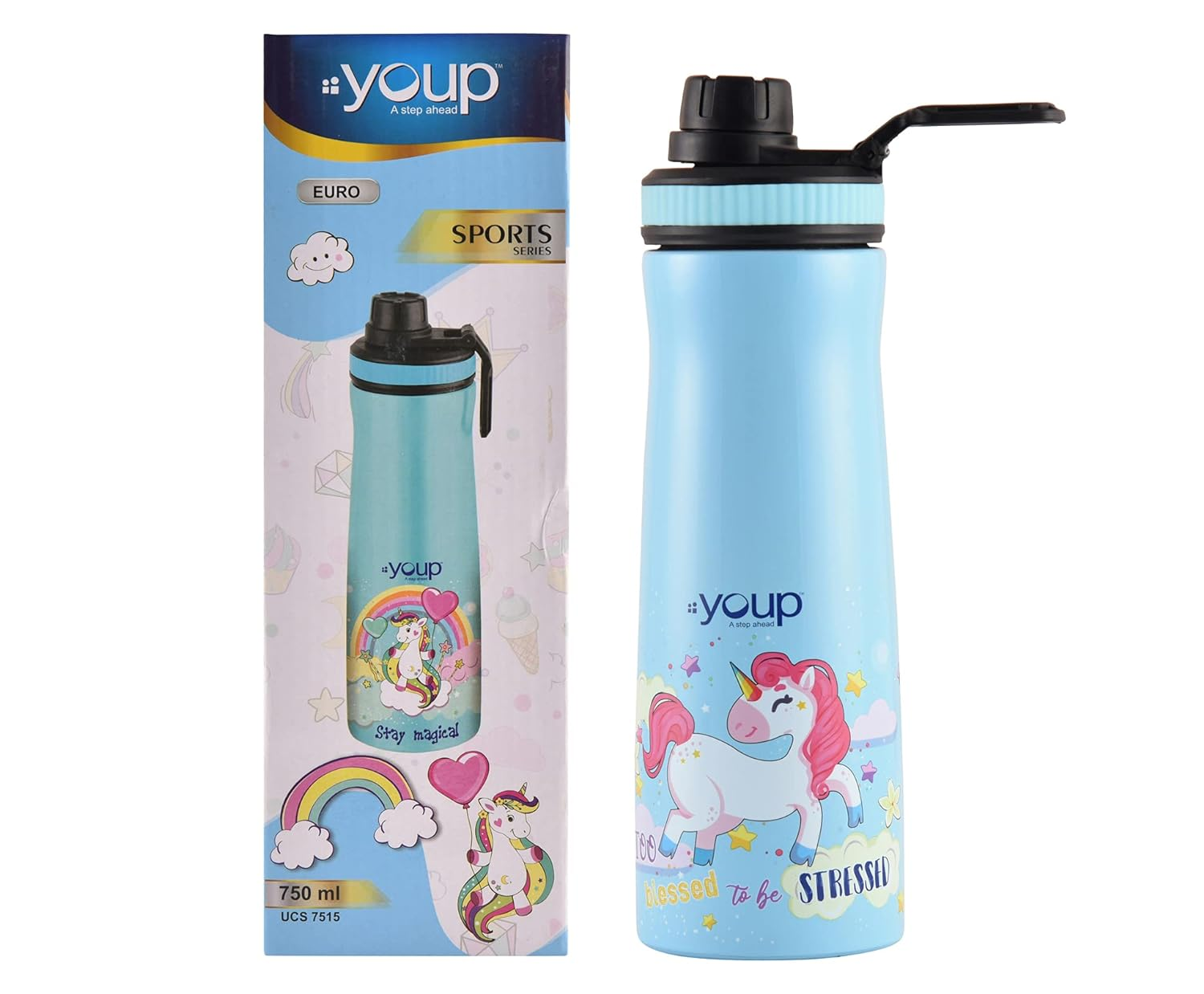 YOUP Stainless Steel Blue Color Unicorn Kids Water Bottle Euro - 750 ml… (Blue)