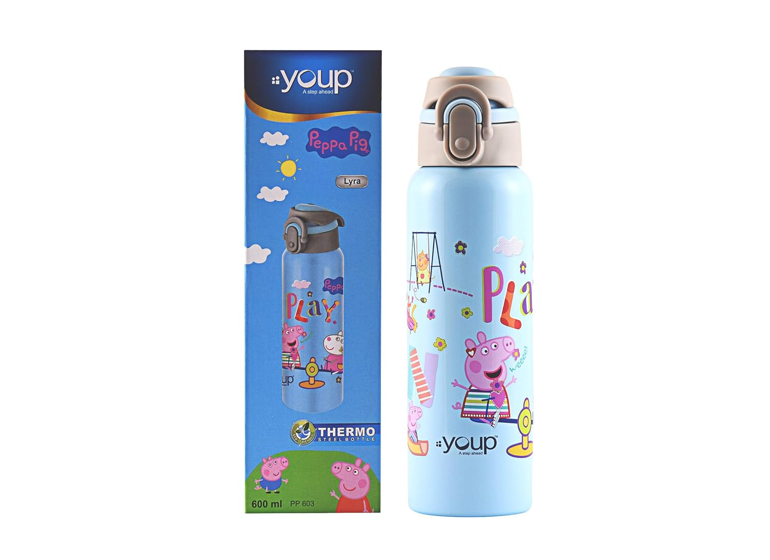 Youp Stainless Steel Sky Blue Color Peppa Pig Kids Insulated Double Wall Water Bottle Lyra - 600 ml (Sky Blue)