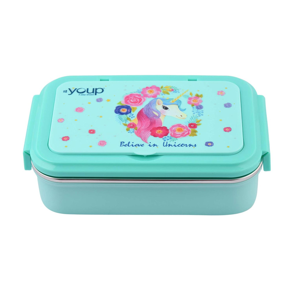 YOUP Stainless Steel Insulated Sage Green Color Unicorn Theme Kids Lunch Box Crazy-850 ml