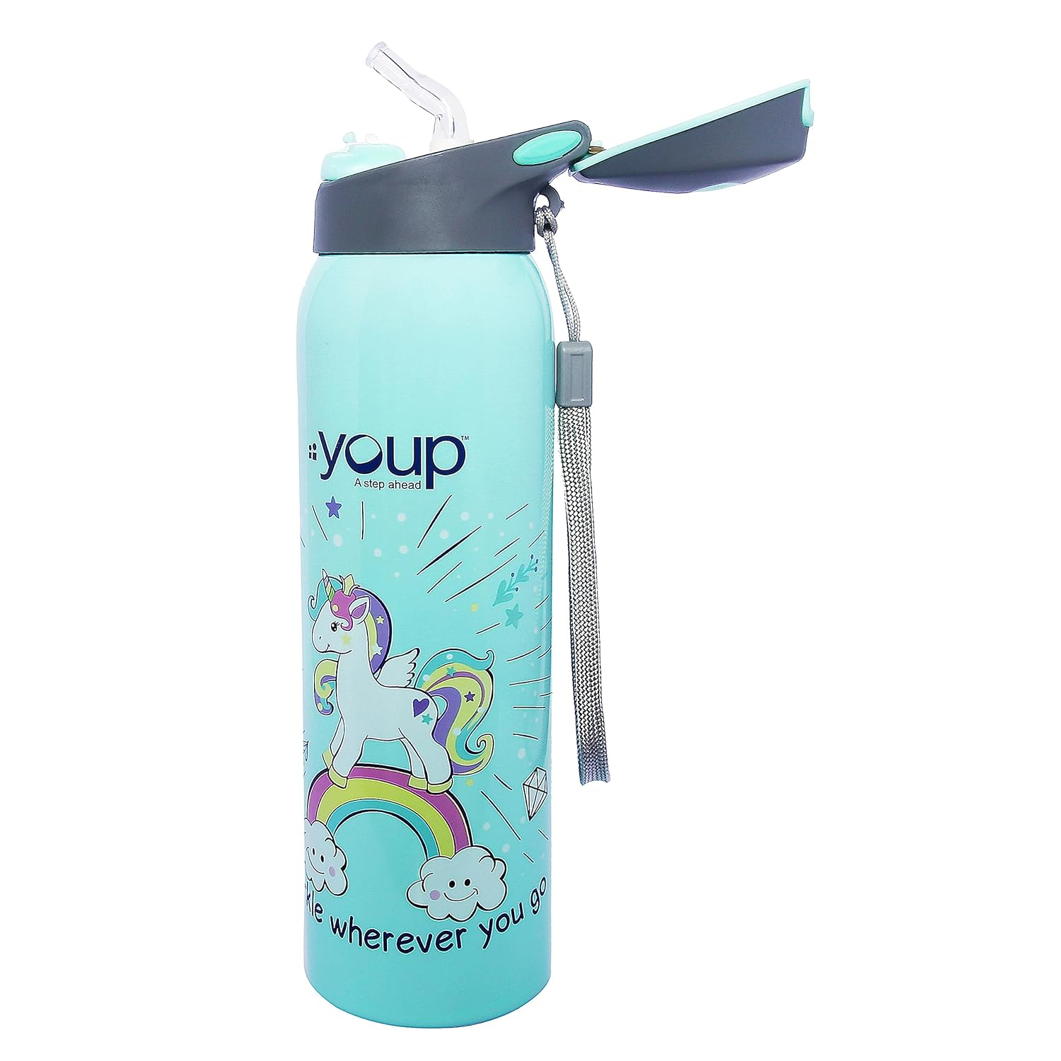 Youp Stainless Steel Sky Blue Color Unicorn Kids Insulated Double Wall Sipper Bottle Gypsy - 500 ml… (Sky Blue)