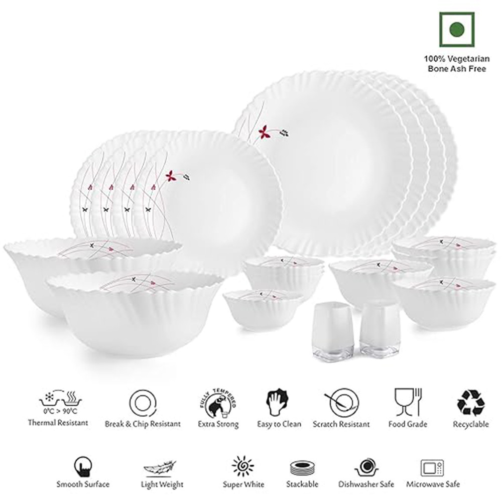Cello Opalware Dazzle Lush Fiesta Dinner Set, 20Pcs, White