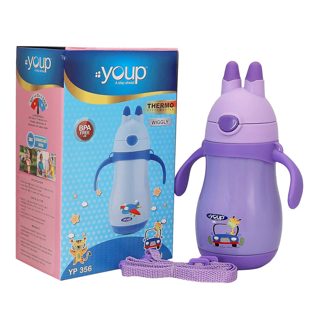 Youp Stainless steel blue color kids Insulated Double Wall sipper bottle with handle WIGGLY - 350 ml (BLUE)