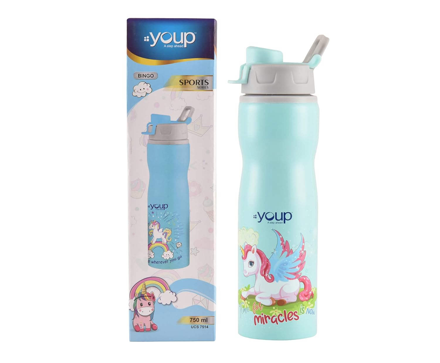 YOUP Stainless Steel Green Color Unicorn Kids Water Bottle Bingo - 750 ml (Green)