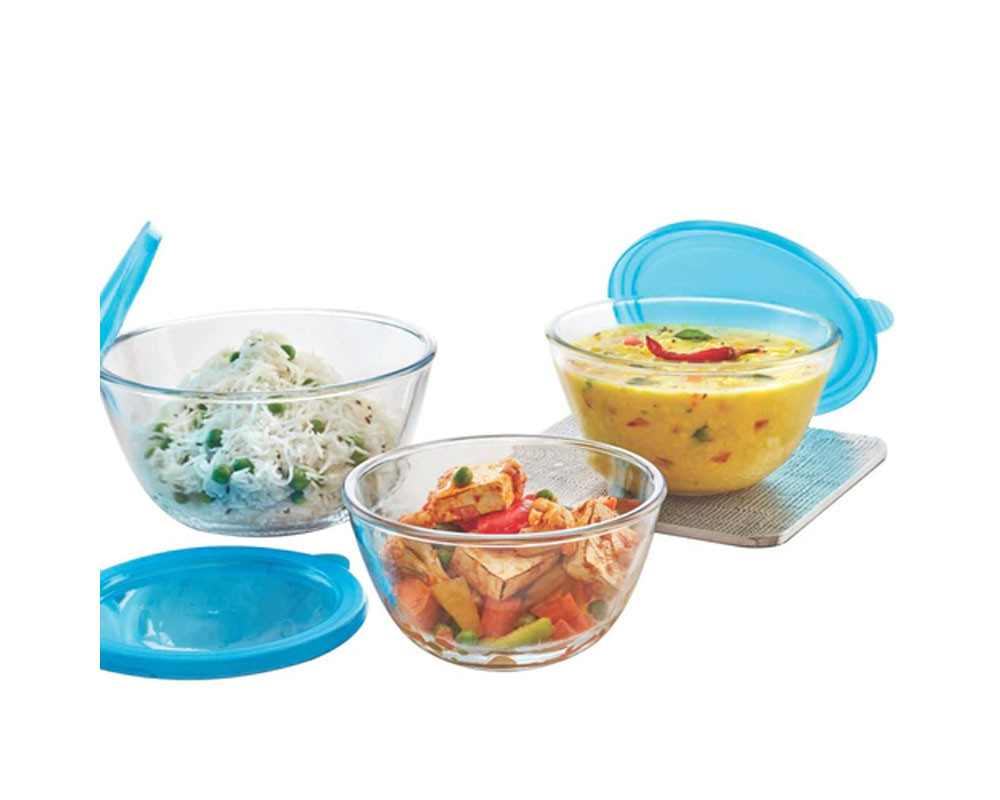 Borosil Glass Mixing Bowl with Blue lid - Set of 3 (500 ML + 900 ML + 1.3L) Oven and Microwave Safe