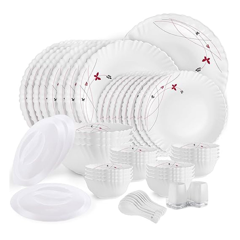 Cello Opalware Dazzle Series Lush Fiesta Dinner Set, 49Pcs | Opal Glass Dinner Set for 8 | Light-Weight, Daily Use Crockery Set for Dining | White Plate and Bowl Set