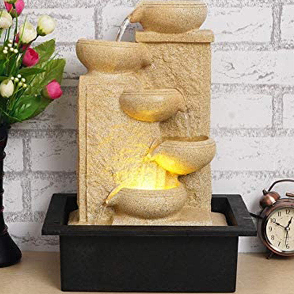 Designer Cream Color Up to Down 5 Diya Steps Home Decor Table Top Indoor Water Fountain with Speed Controller Pump & Yellow LED Light