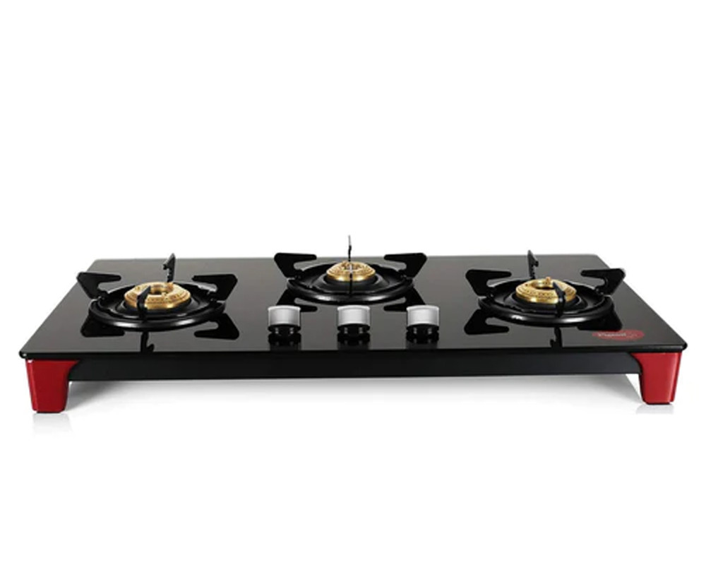 Pigeon by Stovekraft Infinity Glass Top 3 Burner Gas Stove | Black & Red