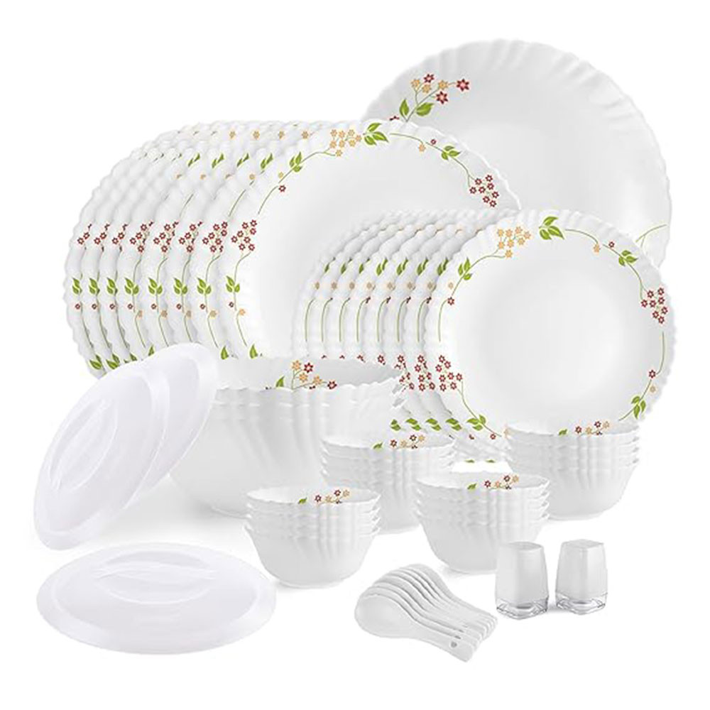 Cello Opalware Dazzle Series Secret Garden Dinner Set, 49Pcs | Opal Glass Dinner Set for 8 | Light-Weight, Daily Use Crockery Set for Dining | White Plate and Bowl Set