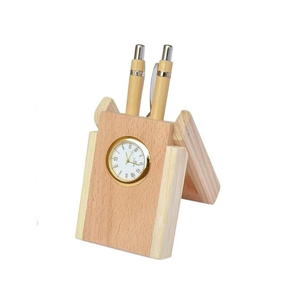 Craft Wooden Pen Stand With Clock | Decorative Item Luxury Natural Pine Wood Double Pen Holder With Clock Design