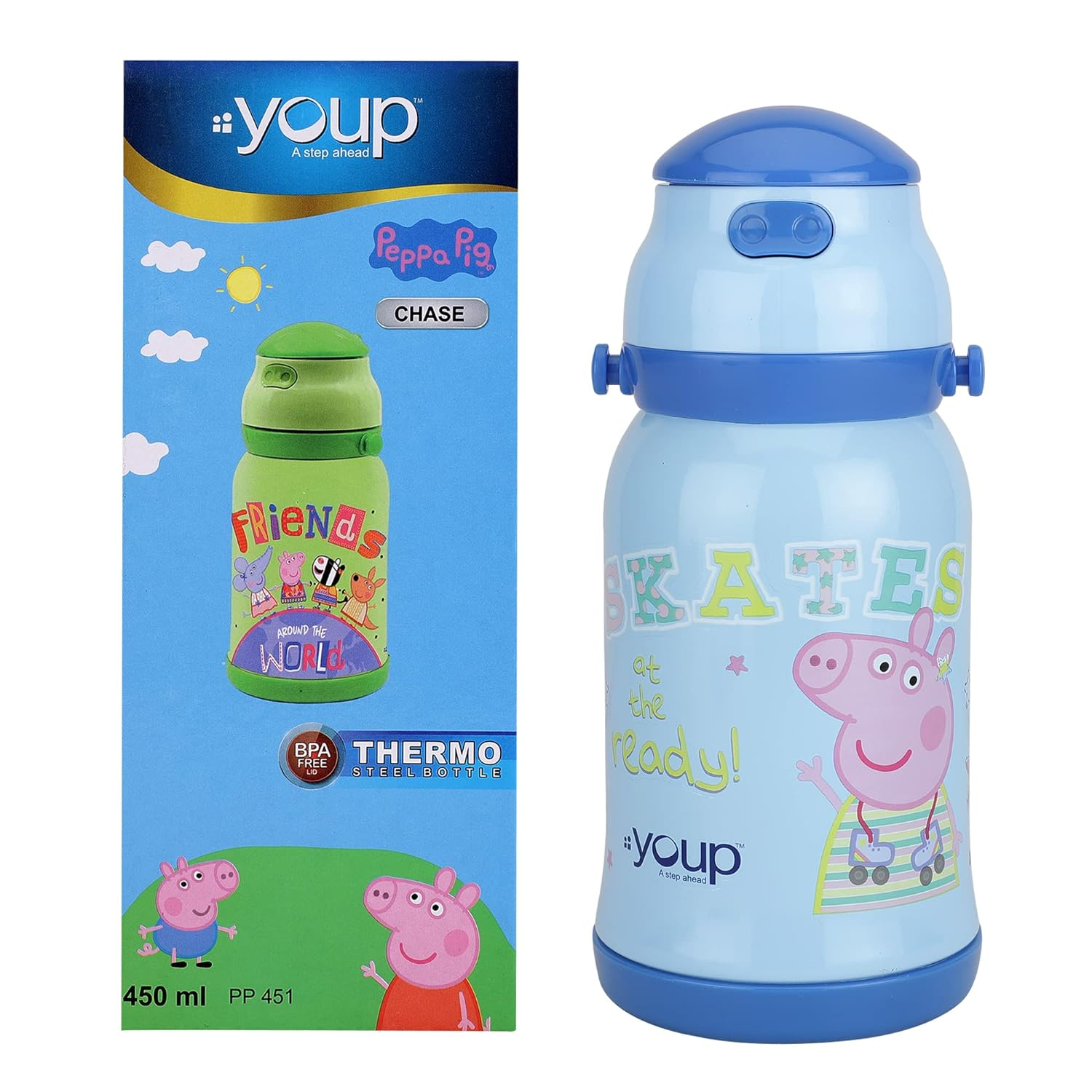 Youp Stainless Steel Pink Color Peppa Pig Kids Insulated Double Wall Sipper Bottle Chase - 450ml