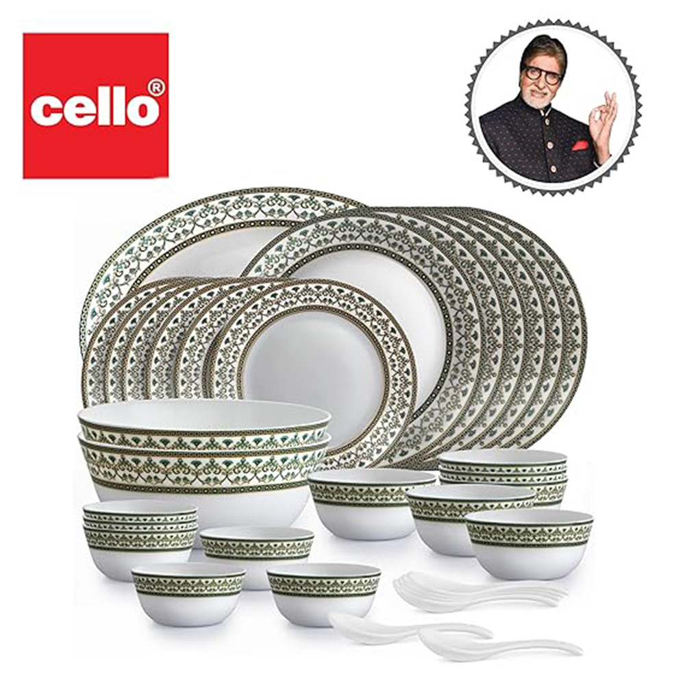 Cello Amitabh Bachchan Opalware Solitaire Series Blu Dinner Set, 33 Units | Opal Glass Dinner Set for 6 | Crockery Set for Festive Ocassions, Parties | White Plate and Bowl Set