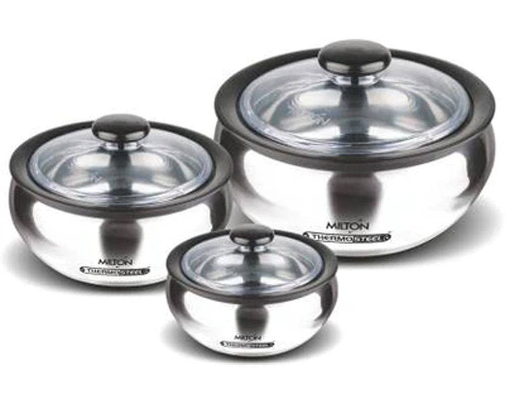 Milton Clearsteel 3- Piece Steel Casserole Set with plastic lid, Steel plain | Gift Set