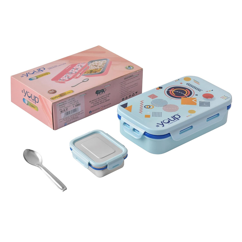 YOUP Stainless Steel Aqua Blue Color Kids Lunch Box Yummy - 500 ml… (Pink)