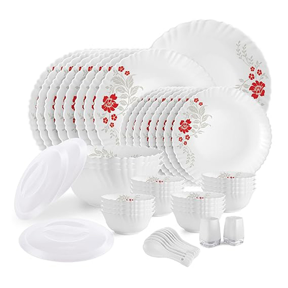 Cello Opalware Dazzle Series Scarlet Bliss Dinner Set, 49Pcs | Opal Glass Dinner Set for 8 | Light-Weight, Daily Use Crockery Set for Dining | White Plate and Bowl Set